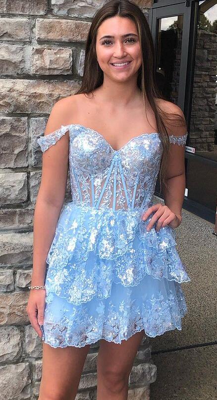 Tulle Sequin A-Line Homecoming dress with Sheer Corset Bodice and Ruffle Skirt