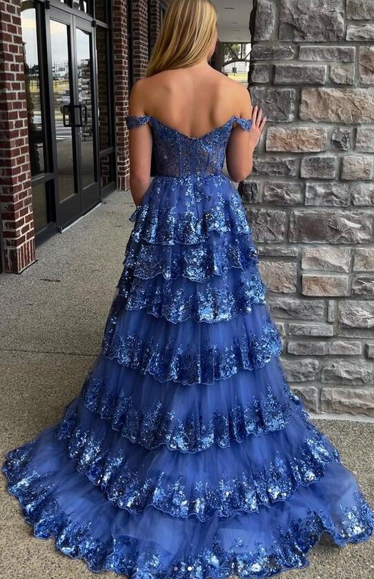 Tulle Sequin A-Line Prom Dress with Sheer Corset Bodice and Ruffle Skirt