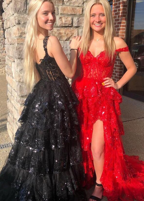 Tulle Sequin A-Line Prom Dress with Sheer Corset Bodice and Ruffle Skirt