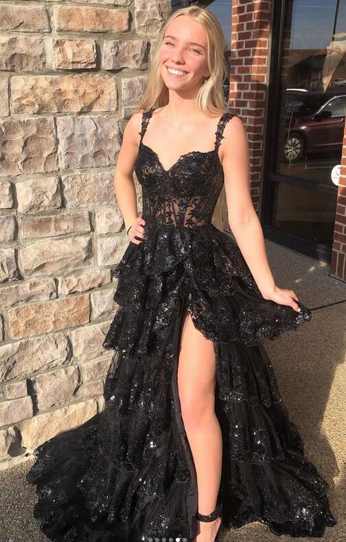 Tulle Sequin A-Line Prom Dress with Sheer Corset Bodice and Ruffle Skirt