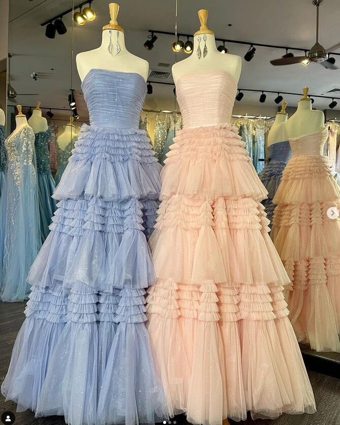 Strapless Tulle Ball Gown Long Prom Dress with Ruffle Skirt Slit