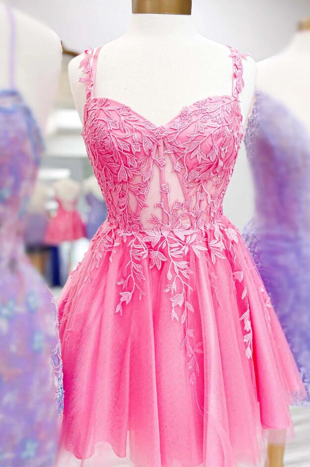 Leaf Lace Homecoming Dress with Sheer Corset Bodice