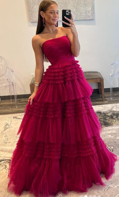 Strapless Tulle Ball Gown Long Prom Dress with Ruffle Skirt Slit