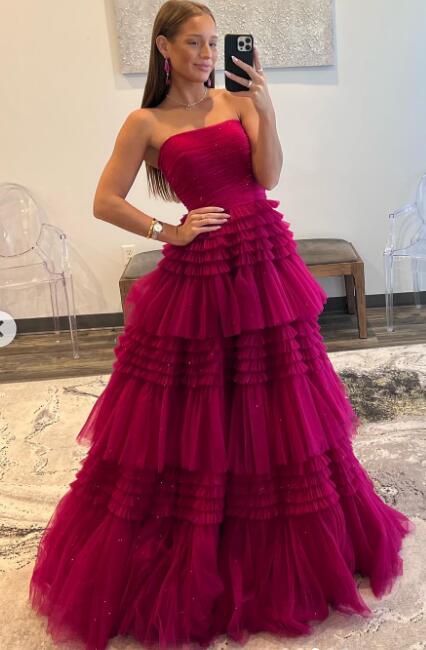 Strapless Tulle Ball Gown Long Prom Dress with Ruffle Skirt Slit