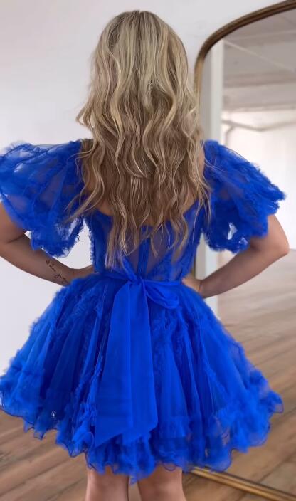 Royal Blue Tulle Ruffles A-line Homecoming Dress with ballon sleeves
