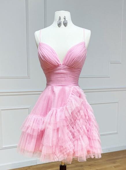 Short Ruffle Tulle Homecoming Dress with Spaghetti Straps