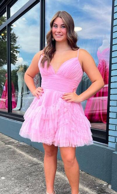 Short Ruffle Tulle Homecoming Dress with Spaghetti Straps