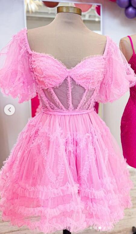 Tulle Ruffles A-line Homecoming Dress with Sheer Corset Bodice