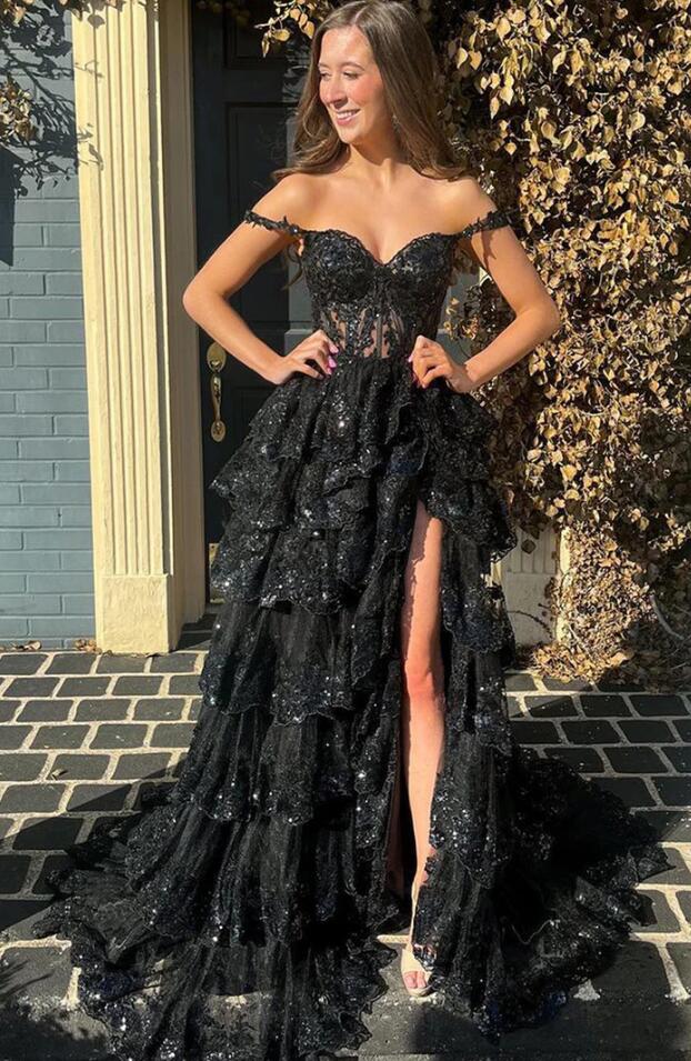 Tulle Sequin A-Line Prom Dress with Sheer Corset Bodice and Ruffle Skirt