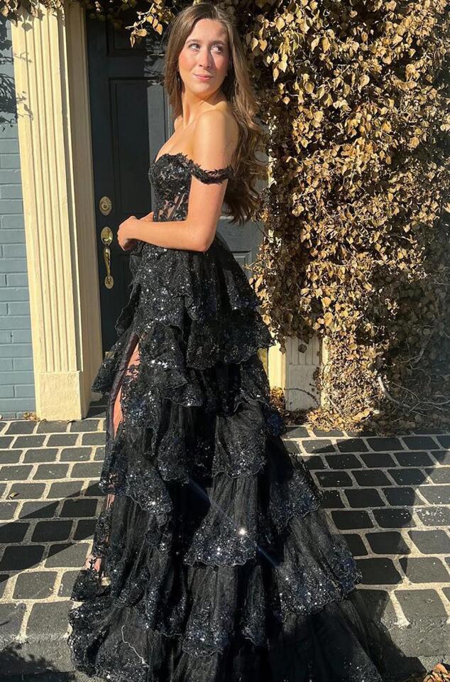 Tulle Sequin A-Line Prom Dress with Sheer Corset Bodice and Ruffle Skirt