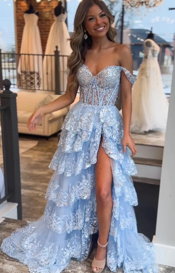 Tulle Sequin A-Line Prom Dress with Sheer Corset Bodice and Ruffle Skirt