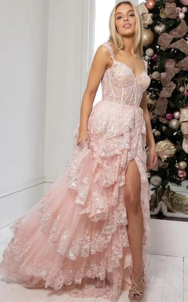 Tulle Sequin A-Line Prom Dress with Sheer Corset Bodice and Ruffle Skirt