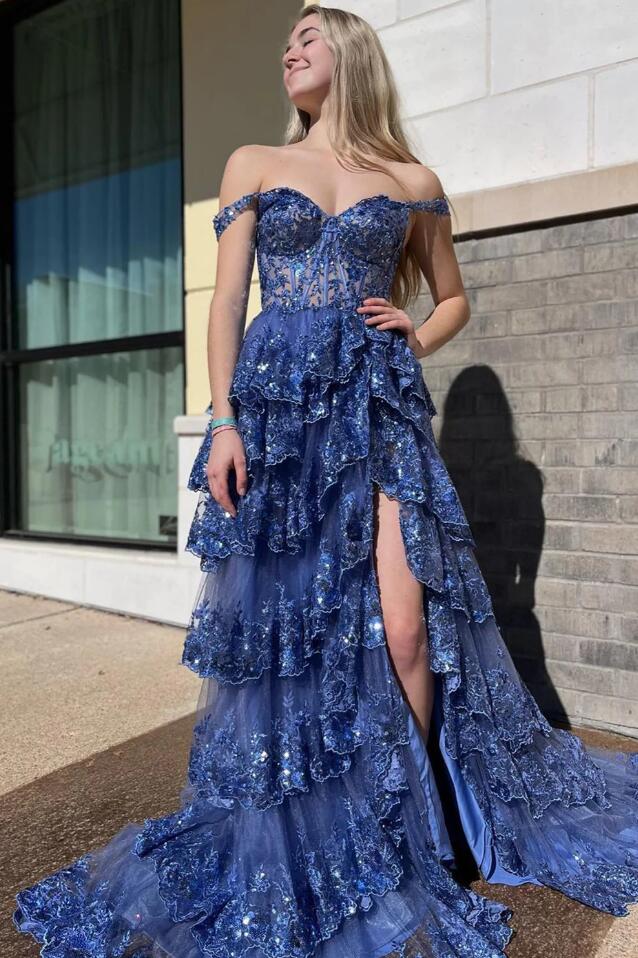 Tulle Sequin A-Line Prom Dress with Sheer Corset Bodice and Ruffle Skirt