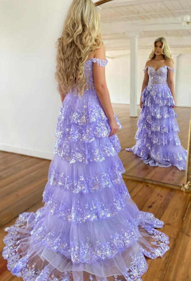 Tulle Sequin A-Line Prom Dress with Sheer Corset Bodice and Ruffle Skirt