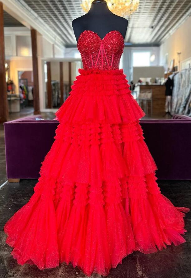Strapless Ball Gown Prom Dress with Sheer Lace Corset Bodice and Ruffle Skirt