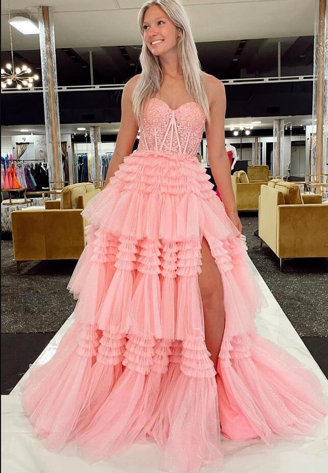 Strapless Ball Gown Prom Dress with Sheer Lace Corset Bodice and Ruffl DressesTailor Strapless Ball Gown Prom Dress with Sheer Lace Corset Bodice and Ruffl DressesTailor