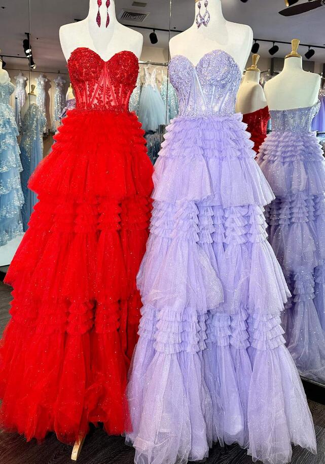 Strapless Ball Gown Prom Dress with Sheer Lace Corset Bodice and Ruffle Skirt