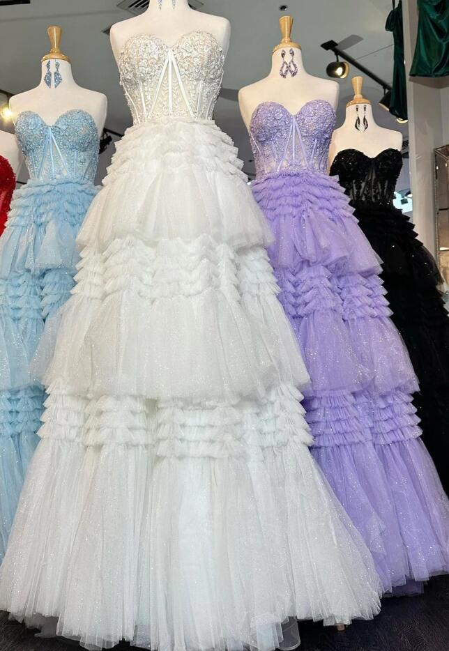 Strapless Ball Gown Prom Dress with Sheer Lace Corset Bodice and Ruffle Skirt