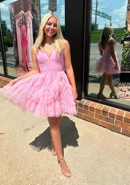 Short Ruffle Tulle Homecoming Dress with Spaghetti Straps