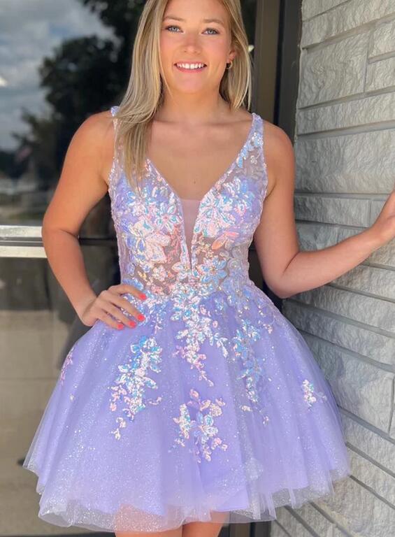 V-neck A-line Sparkly Homecoming Dress