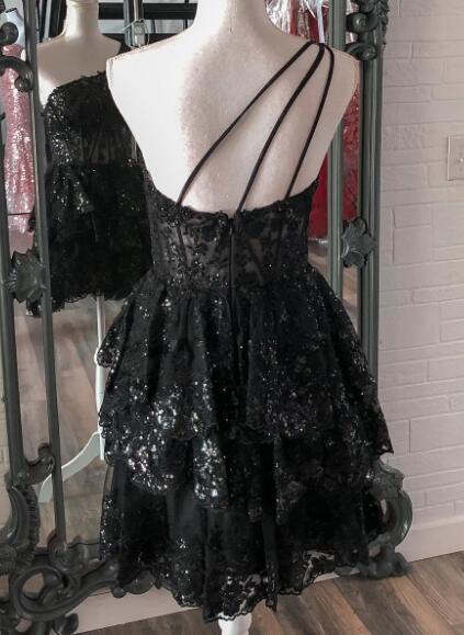 One Shoulder Homecoming Dress with Sheer Corset Bodice and Ruffled Skirt