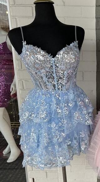 Straps Homecoming Dress with Sheer Corset Bodice and Ruffled Skirt