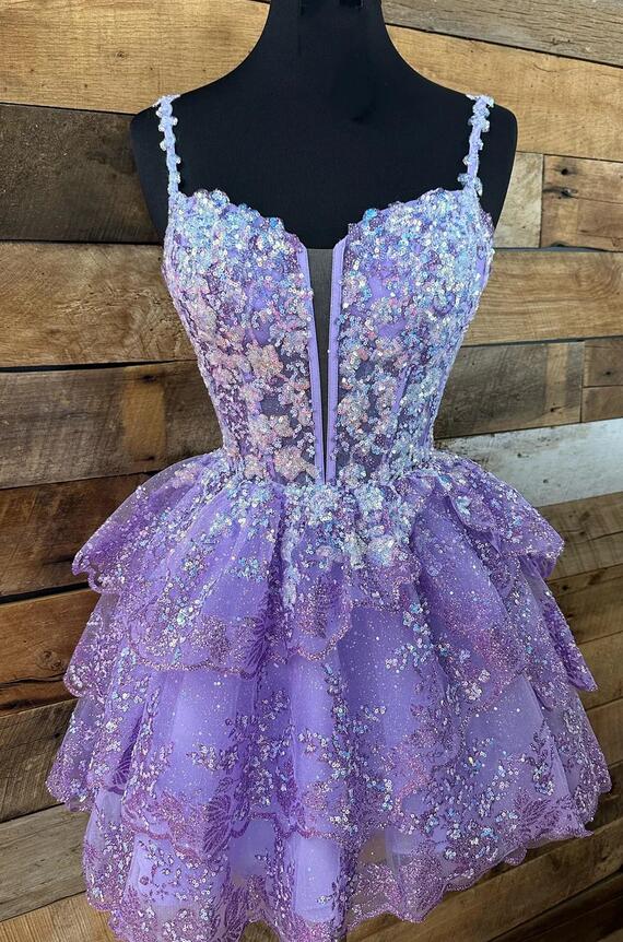 Straps Tulle Sequin A-Line Homecoming dress with Ruffle Skirt