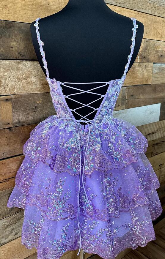 Straps Tulle Sequin A-Line Homecoming dress with Ruffle Skirt