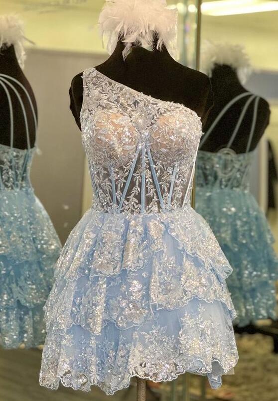 One Shoulder Homecoming Dress with Sheer Corset Bodice and Ruffled Skirt
