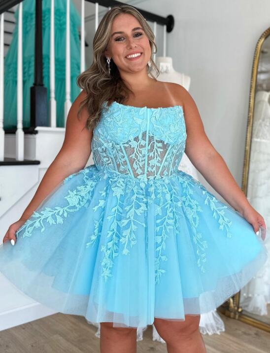 Strapless Leaf Lace Homecoming Dress with Sheer Corset Bodice