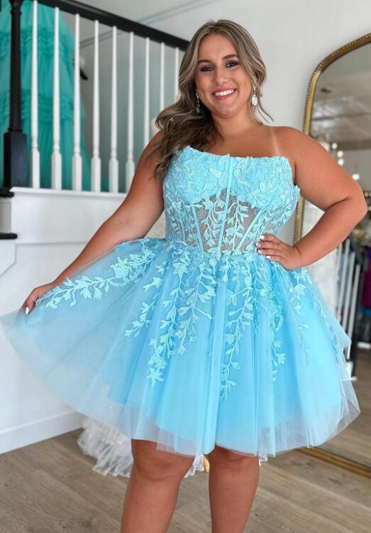 Strapless Leaf Lace Homecoming Dress with Sheer Corset Bodice