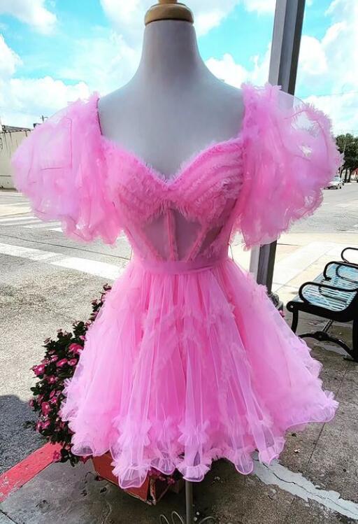 Tulle Ruffles A-line Homecoming Dress with Sheer Corset Bodice DressesTailor Tulle Ruffles A-line Homecoming Dress with Sheer Corset Bodice DressesTailor