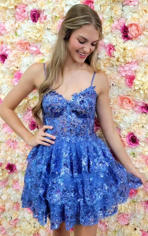 Straps Homecoming Dress with Sheer Corset Bodice and Ruffled Skirt