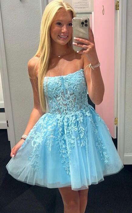 Strapless Leaf Lace Homecoming Dress with Sheer Corset Bodice
