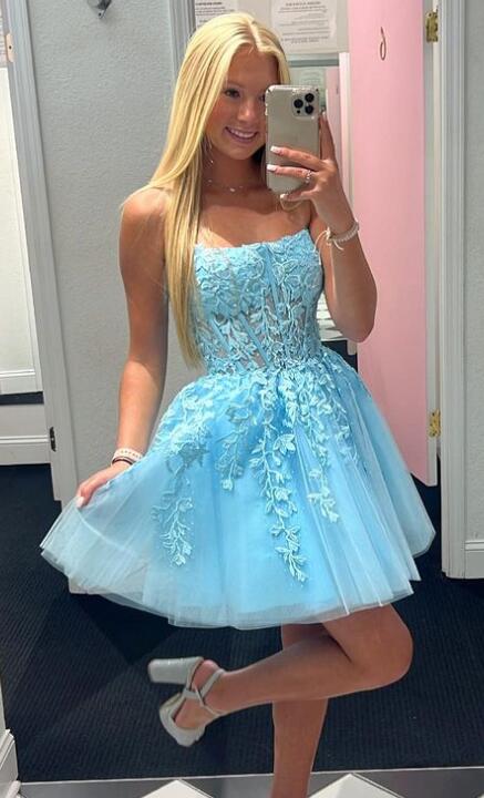 Strapless Leaf Lace Homecoming Dress with Sheer Corset Bodice