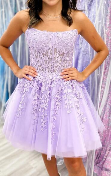 Strapless Leaf Lace Homecoming Dress with Sheer Corset Bodice