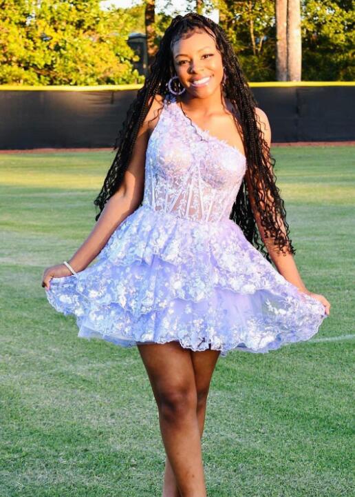 One Shoulder Homecoming Dress with Sheer Corset Bodice and Ruffled Skirt