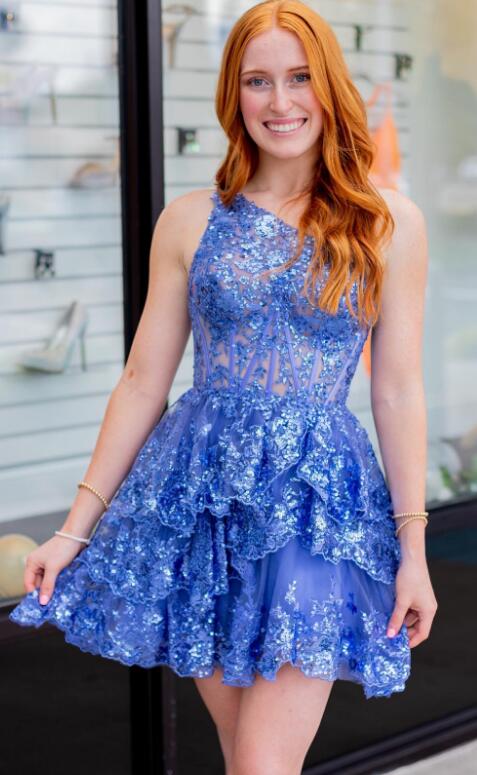 One Shoulder Homecoming Dress with Sheer Corset Bodice and Ruffled Skirt