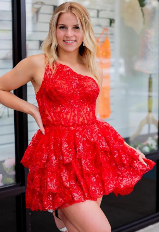 One Shoulder Homecoming Dress with Sheer Corset Bodice and Ruffled Skirt
