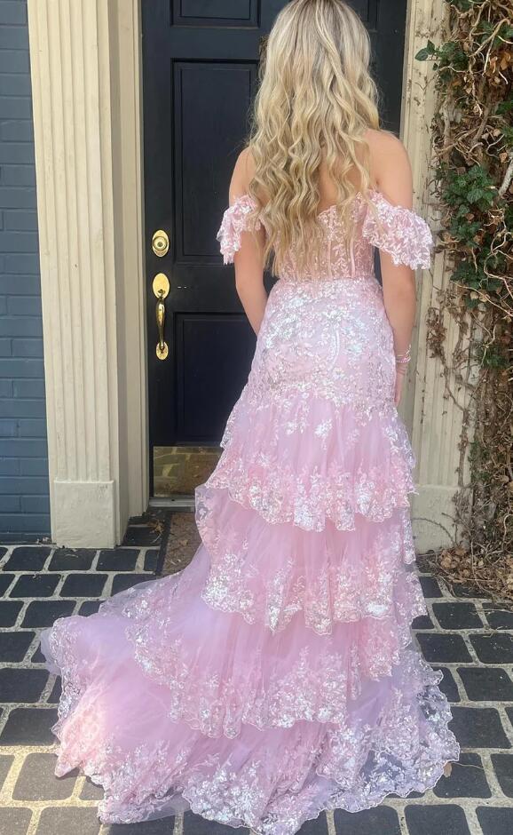 Tulle Sequin Mermaid Prom Dress with Sheer Corset Bodice and Ruffle Skirt