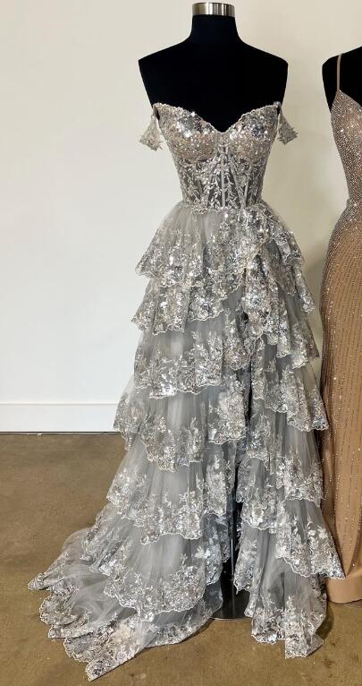 Tulle Sequin A-Line Prom Dress with Sheer Corset Bodice and Ruffle Skirt