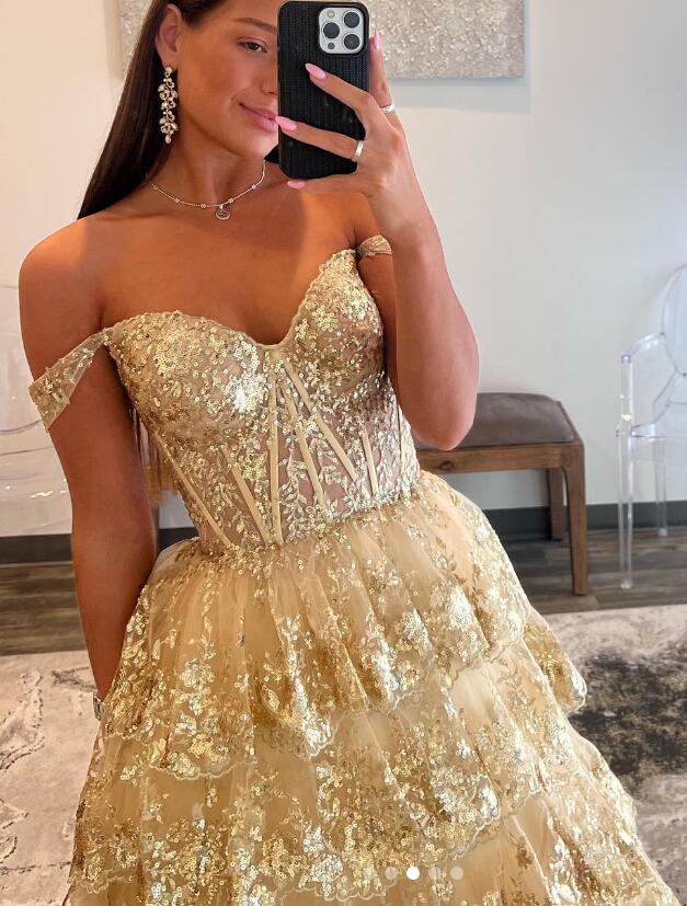 Ruffle Tulle Lace Sequin Prom Dress with Sheer Corset Bodice and and Lace up Back