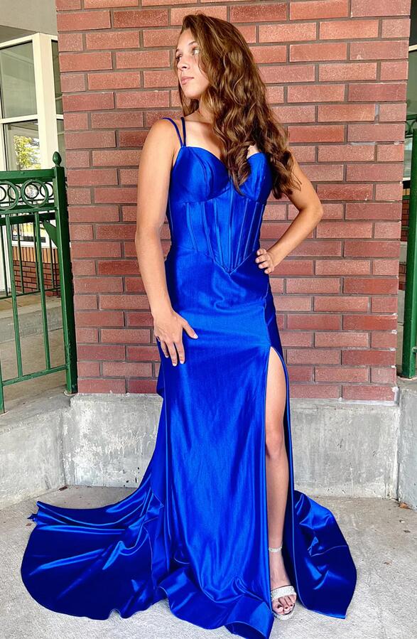 Royal Blue Straps Satin Mermaid Prom Dress with Slit