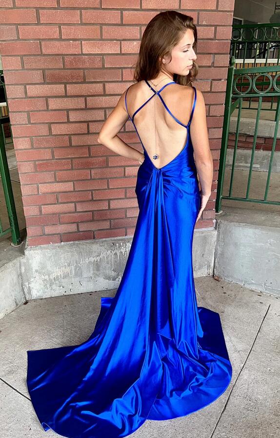 Royal Blue Straps Satin Mermaid Prom Dress with Slit