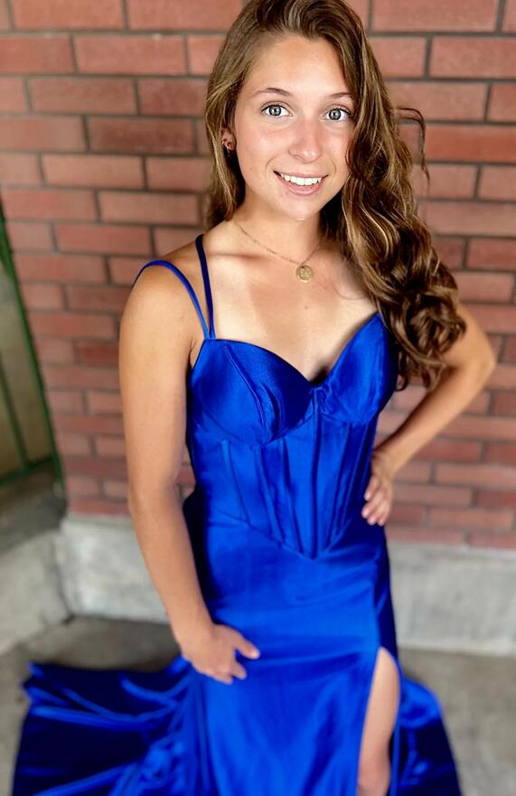 Royal Blue Straps Satin Mermaid Prom Dress with Slit