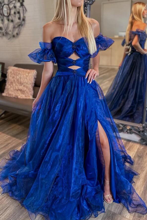 Royal Blue Strapless Long Prom Dress with Key Holes and Slit