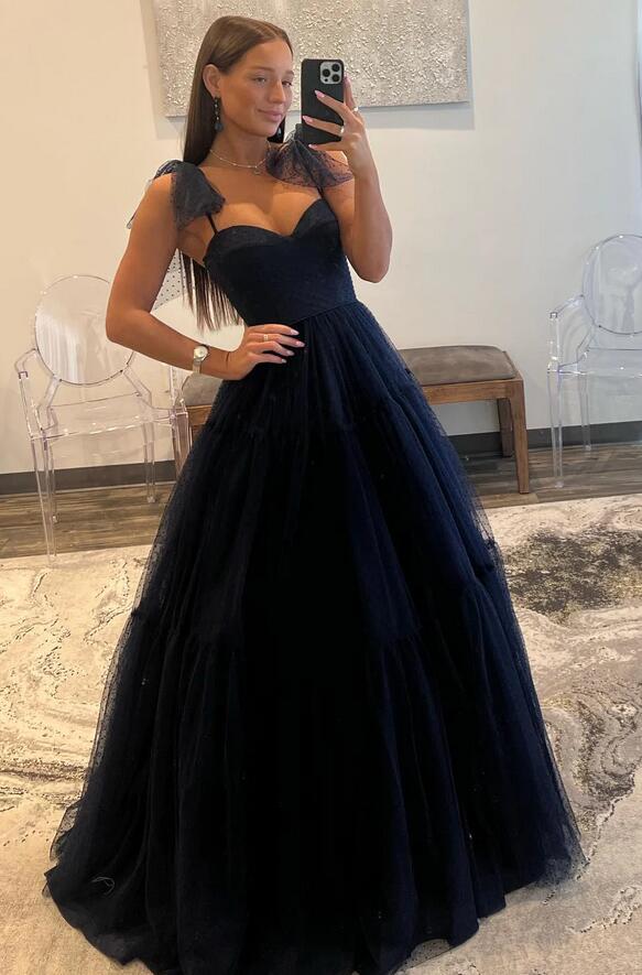 Dark Navy Bow Shoulder Dot Tulle Ball Gown Long Prom Dress