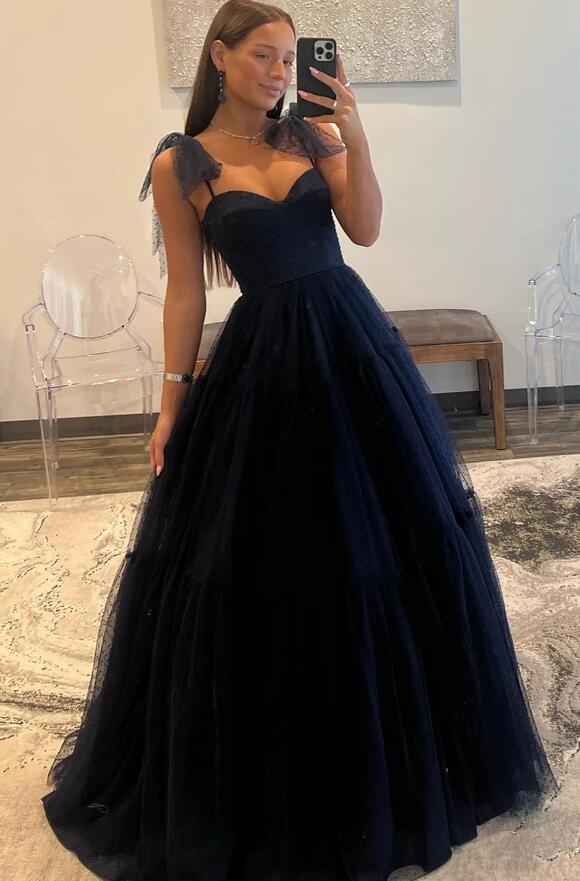 Dark Navy Bow Shoulder Dot Tulle Ball Gown Long Prom Dress