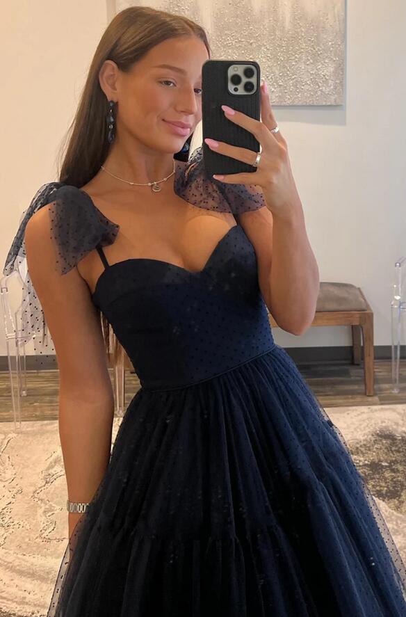 Dark Navy Bow Shoulder Dot Tulle Ball Gown Long Prom Dress