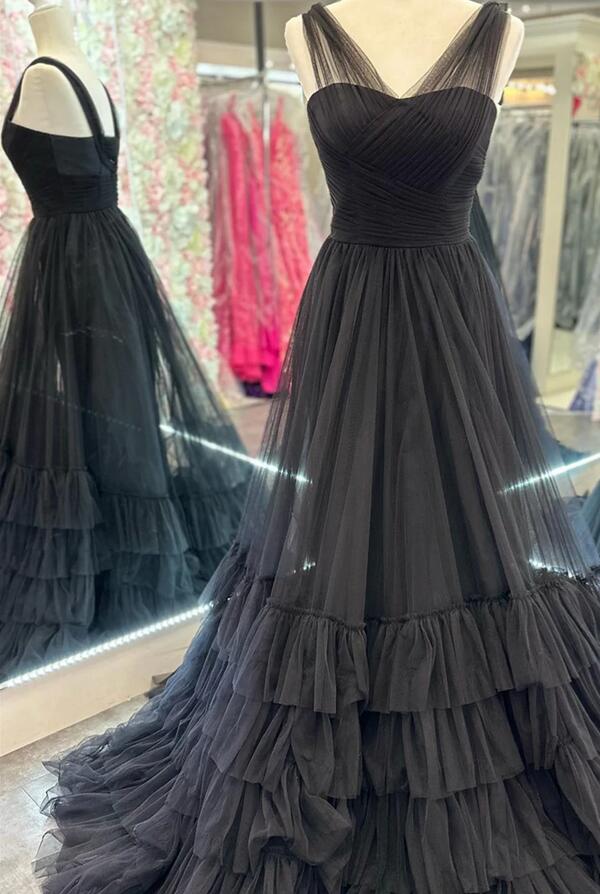 V-neck Tulle Long Prom Dress with Ruffle Skirt